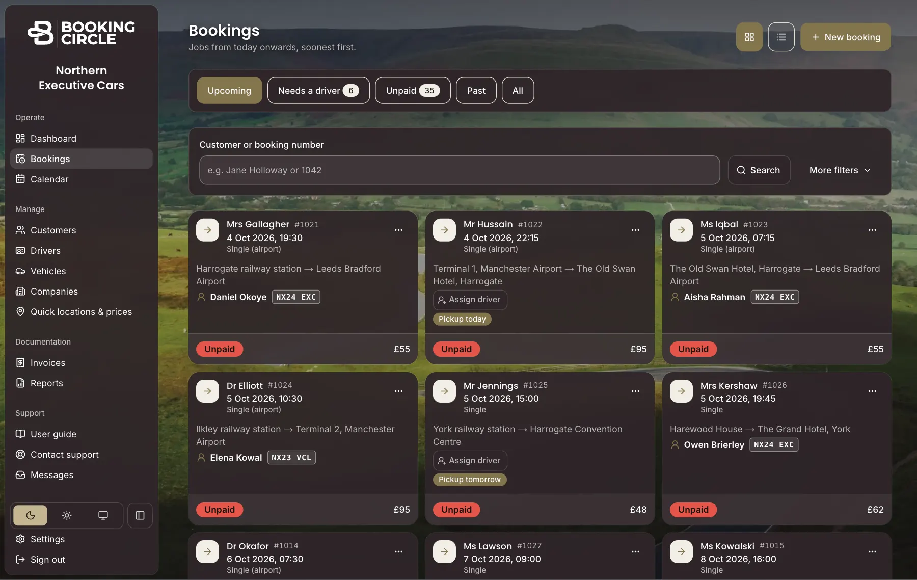 The Bookings list as cards, each showing the customer, route, driver and vehicle, price and whether it is paid, with filters for Upcoming, Needs a driver and Unpaid.
