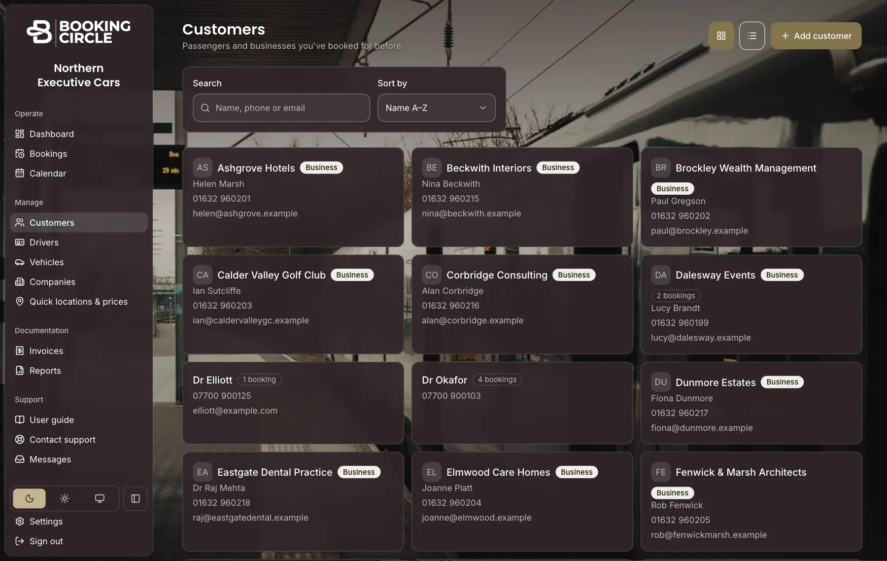 The Customers screen: passengers and businesses as cards, each with a phone number and email.