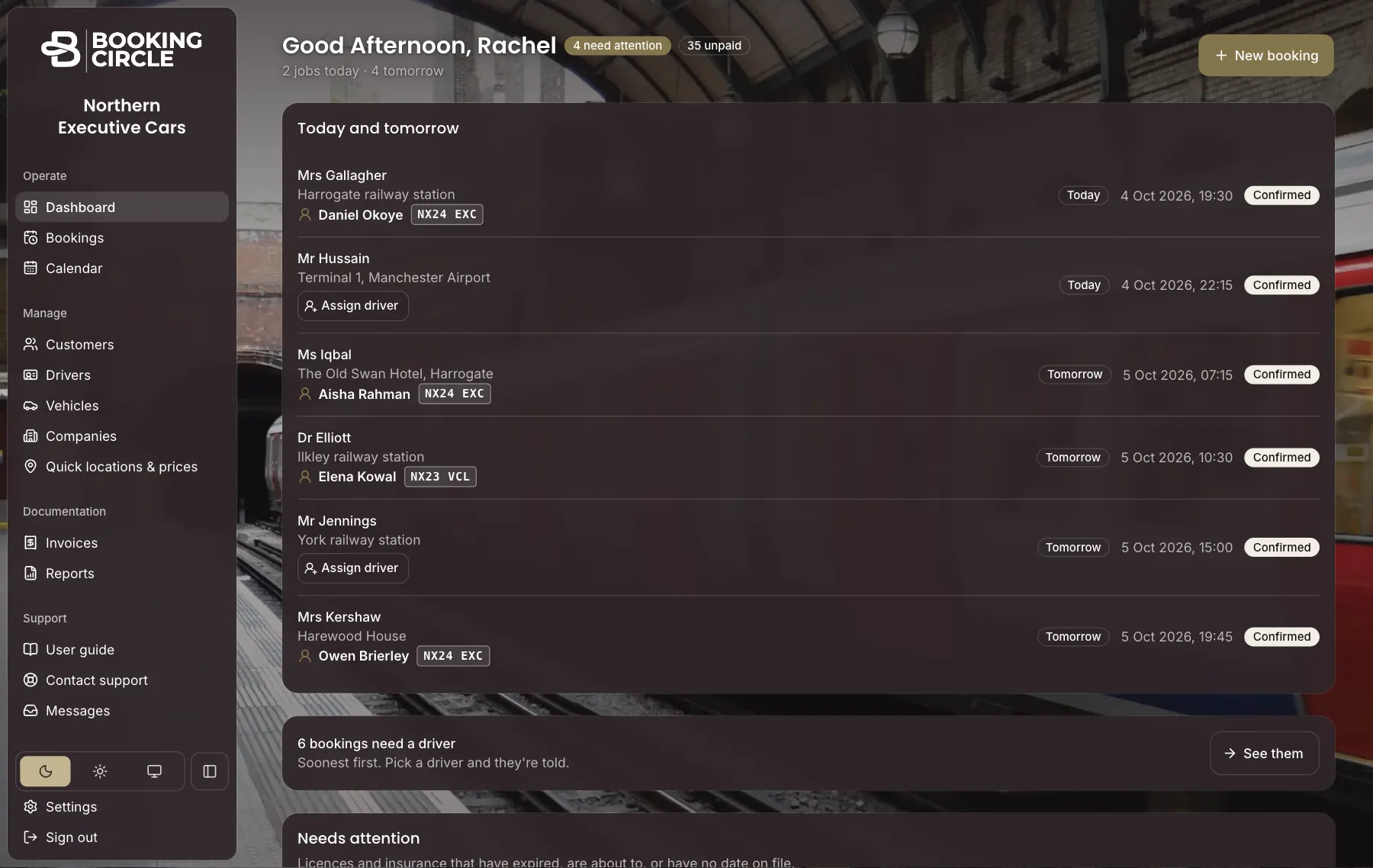 The Booking Circle dashboard: today and tomorrow's jobs with their drivers, two jobs with an Assign driver button, and licences that need attention.