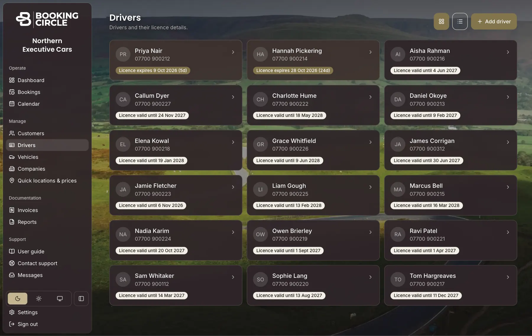 The Drivers screen: drivers as cards, each with a phone number and licence date, two shown in a warning colour because the licence expires soon.
