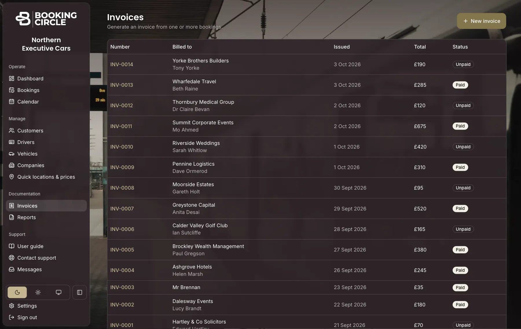 A list of invoices with who they are billed to, the total and whether each is paid.