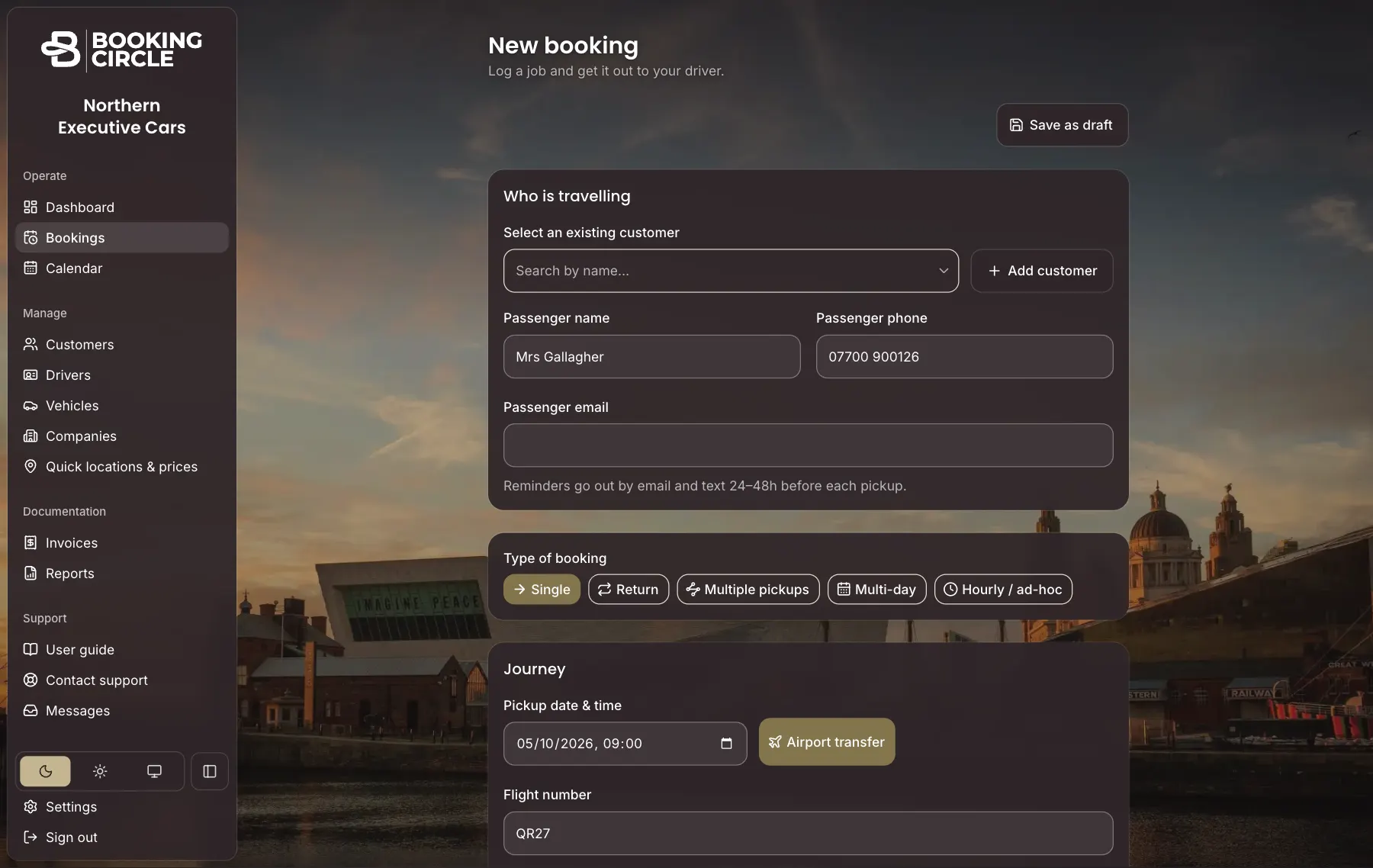 The New booking form: passenger details, the five types of booking, and an airport transfer with a flight number box.