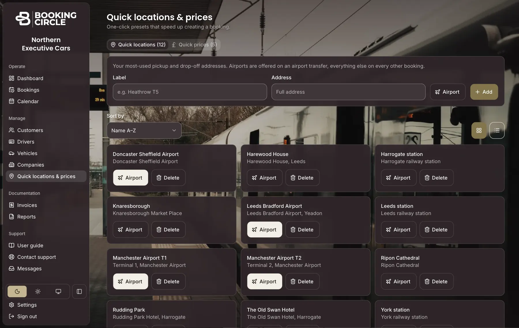 The Quick locations and prices screen: saved pickup and drop-off addresses, with airports marked.